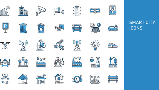 Smart city flat icon set with urban technology transportation infrastructure connectivity and digital services symbols for modern city design