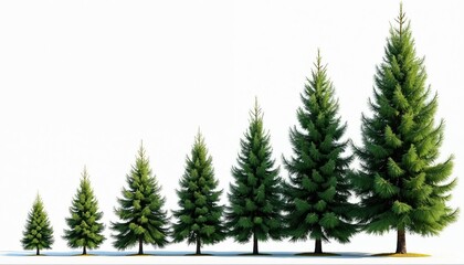 Obraz premium Six fir trees show growth stages from small seedling to tall evergreen plant. Isolated on white background, represent natural development, life cycle progression. Sequence visualizes plant evolution