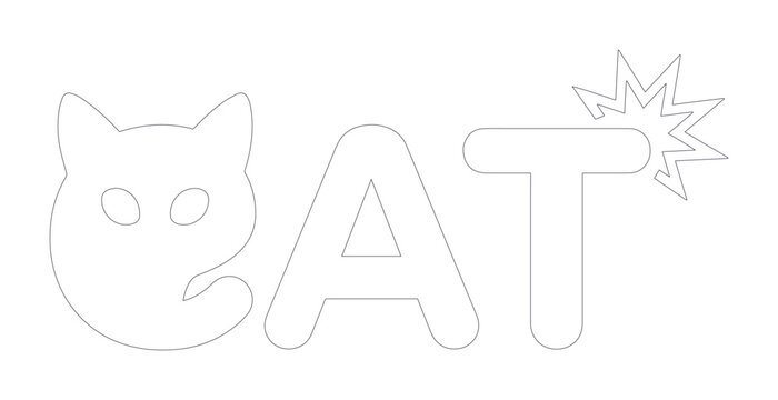 猫の顔のシルエットと「CAT」の文字、シンプルな線画デザインのベクターイラスト。動物関連のコンテンツやペットショップのロゴ、子供向け教材に最適な、可愛らしくて遊び心のあるグラフィック素材。