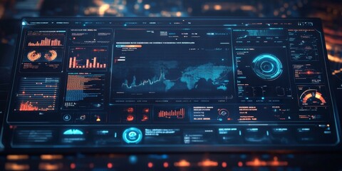 Obraz premium Futuristic Global Data Interface with World Map and Analytics