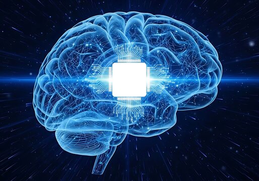 Abstract glowing blue digital brain with a central integrated circuit chip representing artificial intelligence and neural network processing