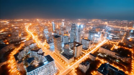 Fototapeta premium View from a drone flying over a glowing night city. motion blur lights. High altitude. Cinematic.