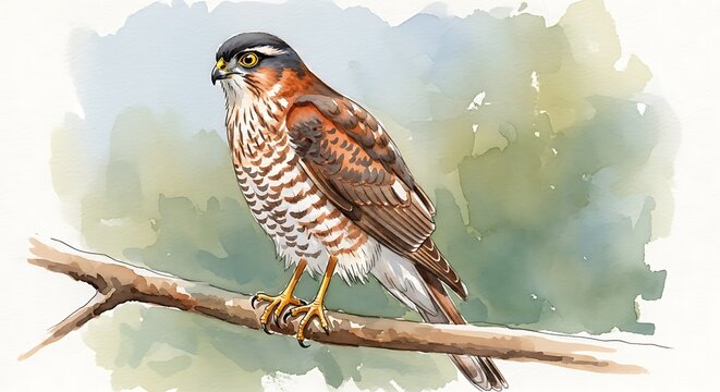 A sharp-shinned hawk perched gracefully on a slender branch in its natural habitat