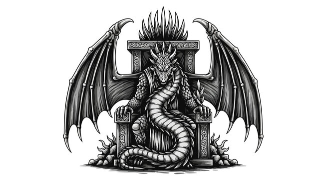 Dragon on throne illustration black and white fantasy artwork isolated