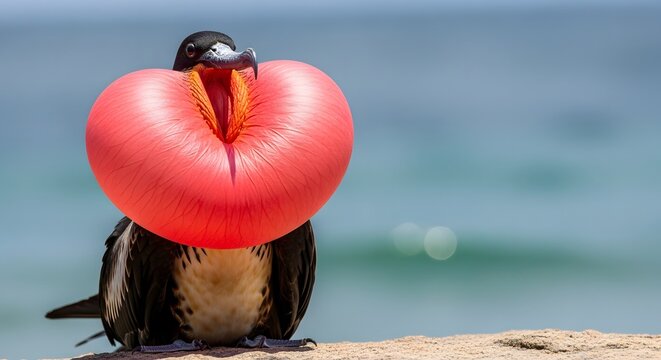 Male frigatebird with inflated red gular sac during courtship on a beach with blurred ocean background