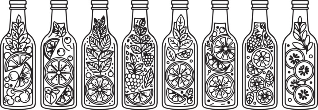 Collection of intricately designed glass bottles with unique patterns Vector