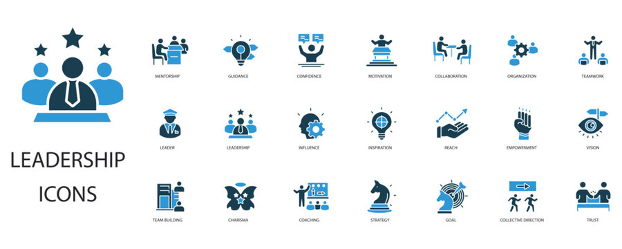 leadership icons set outline and Flat Style,transparent background