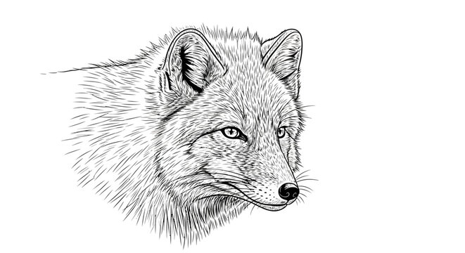 Detailed black and white illustration of a fox head on white background