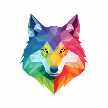 Colorful polygon geometric wolf head illustration in vibrant mosaic abstract vector design