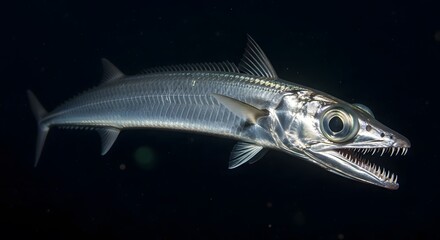 Fototapeta premium Silver barracuda swims in dark ocean depths with sharp teeth visible