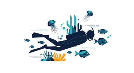 Diver exploring a vibrant coral reef with abundant marine life. © Melatunz