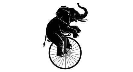 Silhouette of an elephant riding a unicycle isolated on white background © Melatunz