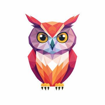 Colorful geometric owl illustration in low poly style featuring vibrant shades of red orange and purple