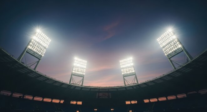 Four bright stadium floodlight towers illuminating a dark sports arena during the night time hours