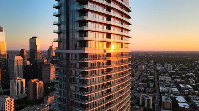 Aerial view of modern cityscape at sunset.