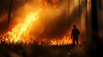Fototapeta premium Brave firefighters combat wildfire blaze forest area action scene intense environment dramatic viewpoint nature's fury