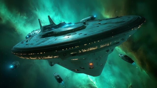 Large futuristic spaceship flying through a vibrant green nebula, accompanied by smaller support vessels, representing interstellar travel and exploration.