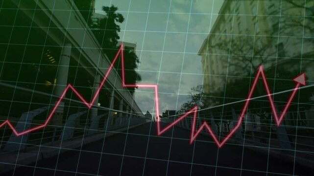 Pink chart entering lower left, zigzagging across grid while walkers moving to show commuter flow