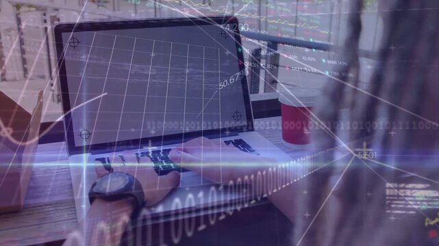 Man typing on laptop in cafe, causing code overlays to transform into finance charts for analysis