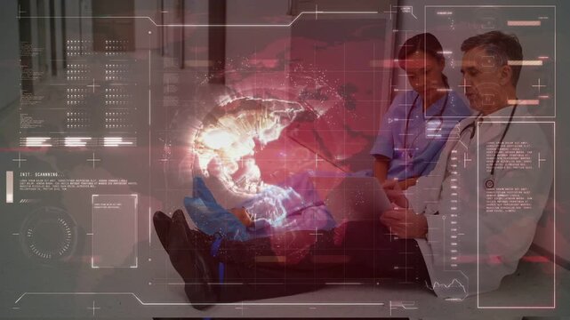 Dr tapping tablet, rotating hologram globe and HUD sweeping, nurse monitoring patient for triage