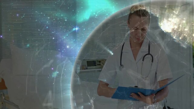 Rotating globe appearing, doctor reading blue folder, flipping pages, writing, completing chart