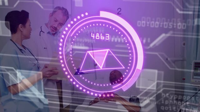 Clinician pointing at chart, starting medical HUD pulsing data while doctor assessing patient