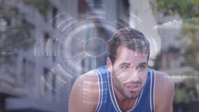 Male urban runner starting run, watch activating HUD, slowing, leaning, breathing, fitness tracking