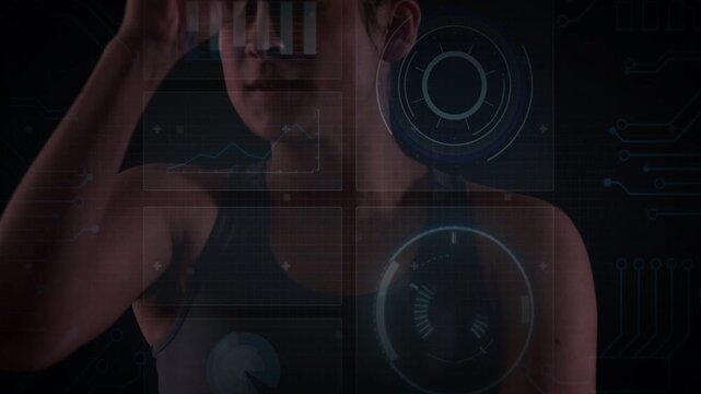 Fitness woman overheating lifting and tilting bottle, pouring droplets onto face while HUD updating
