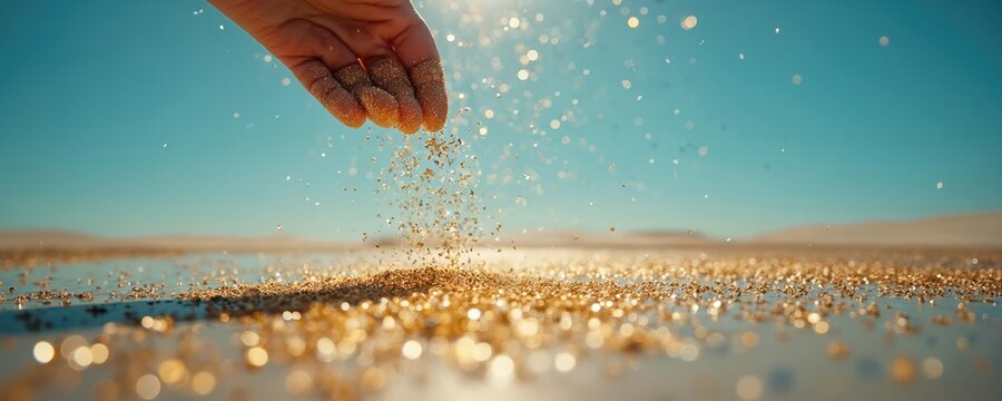 Hand sprinkles golden glitter on beach sand under bright sun. Sparkling particles fall creating magical effect. Summer vacation, celebration, and craft theme.