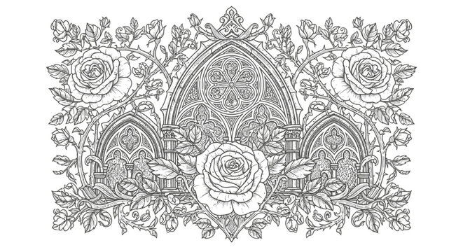 Detailed gothic architecture with roses vector illustration on white background