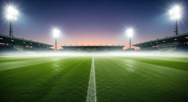 A view of an empty professional sports stadium illuminated by bright floodlights at night time