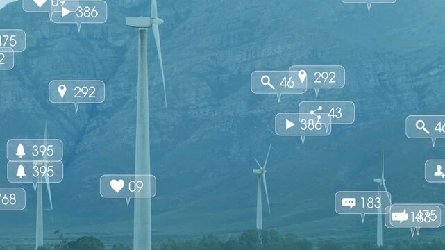Vertical video: Social icons appearing from left, filling wind farm, showing rising online interest