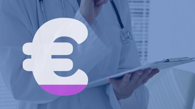 Female clinician writing on clipboard in clinic, pen touching paper as euro graphic filling purple