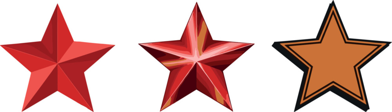Flat Design 3D Star Icons Set with Different Shapes and Colors for Decoration, Awards, and Graphics