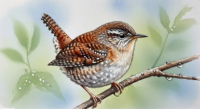 A detailed illustration of a speckled songbird perched on a branch