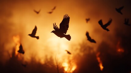Fototapeta premium Flaming shadows birds taking flight amidst a devastating wildfire forest landscape dramatic imagery dusk environment emotional impact