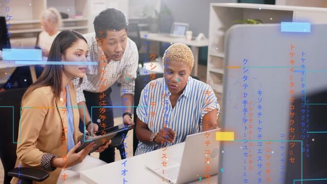 Business team reviewing work, peer showing tablet bringing animated charts on laptop finalizing