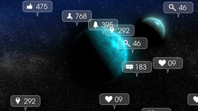 After 1sec bubbles emerging from left, clustering, drifting over teal planet, showing social media