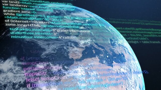 Code appearing at upper-left and scrolling over globe, 3D-rendered Earth rotating, visualizing data