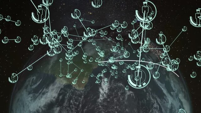 Data stream activating cyan node network above Earth, nodes forming hubs and orbit arcs for telecom