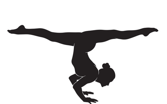 Gymnast performing a handstand split with legs extended silhouette featuring gymnastics, black, white with background and fitness elements for