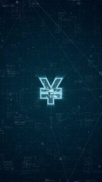 Motion graphic of yen currency symbol in a futuristic financial network, featuring digital finance, fintech data, and cybersecurity visuals for a vertical banking or market video background.
