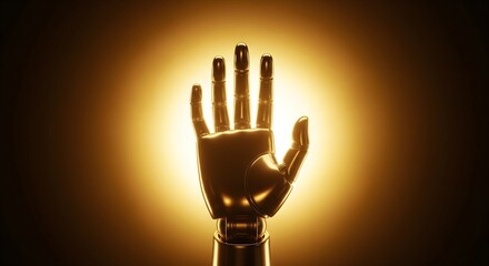 Fototapeta premium Golden robotic hand with open palm in front of a bright glowing light source