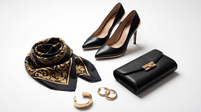 A stylish arrangement of luxury women's accessories including high heels a purse a silk scarf and gold jewelry on a white background
