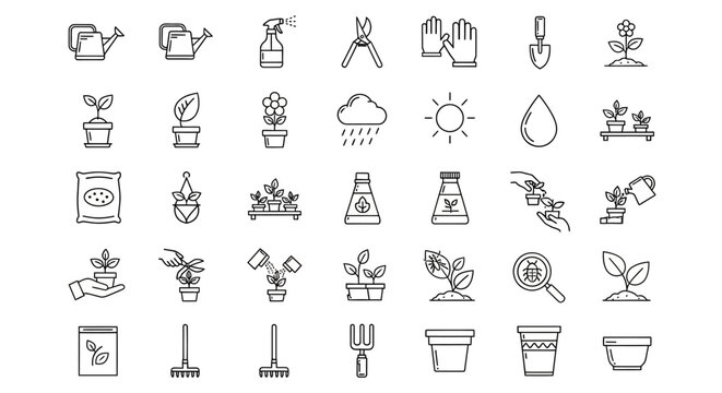 Gardening tools and plant icons set.