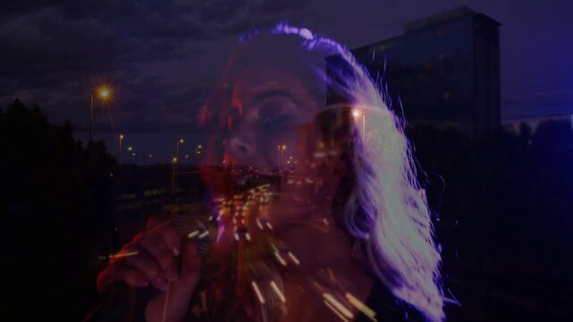 Light cue starting singer lifting mic, singing while camera zooming, traffic streaking evoking mood