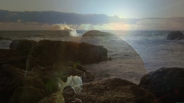 Female music singer raising mic and singing on rocky coast, low sun revealing overlay for creators