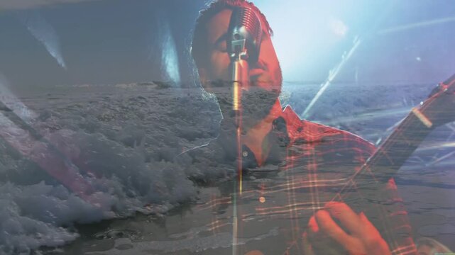 Light cue cueing singer-gtr leaning into mic strumming as ocean overlay shifting evoking sea vibe