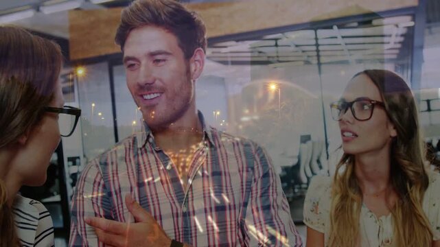 Man gesturing, team listening as newcomer entering joining office chat, city lights crossing faces