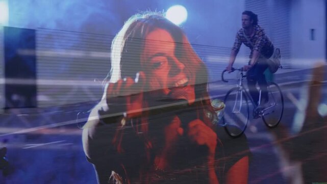 singer starting singing, layers shifting while cyclist pedaling bicycle, mic overlaying music ad